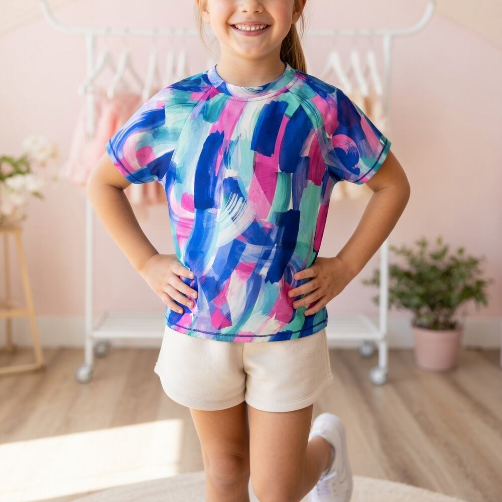 Athleta Girl Blue Green Pink Short Sleeve Girl's Rashguard Lg